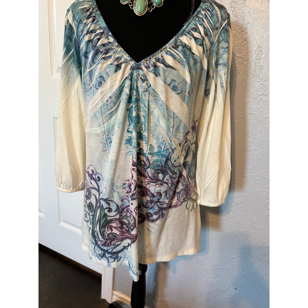 Style & Co. Blue Scroll Abstract V-Neck Embellished Top - Size L - EUC - Picture 7 of 7